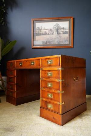 Image 8 of Antique Yew Wood Military Campaign Style Pedestal Desk c1930