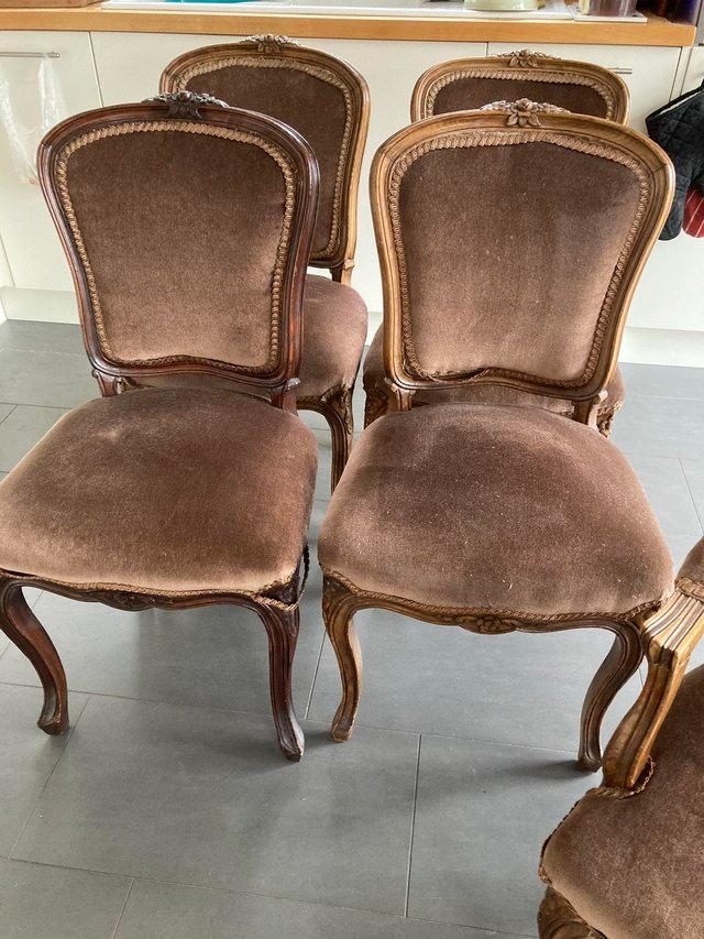 Preview of the first image of 6 antique upholstered dining chairs.