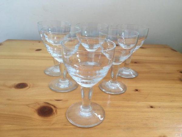 Image 1 of 6 vintage small stemmed glasses with 'stepped' bowl.