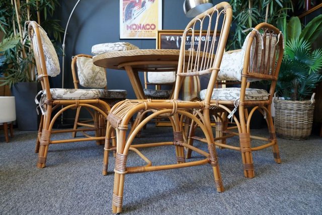 Image 19 of Mid C Wicker Dining Table & 6 'Peacock' Style Chairs 1970s