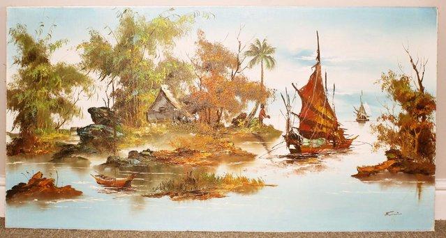 Image 3 of Large, Signed Painting of Asian Island / Shipping Scene