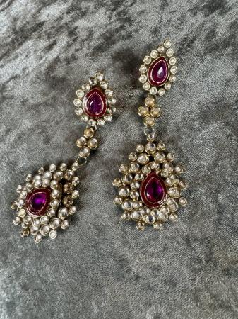 Image 2 of Big earrings Indian dangling, metal & kundan stones