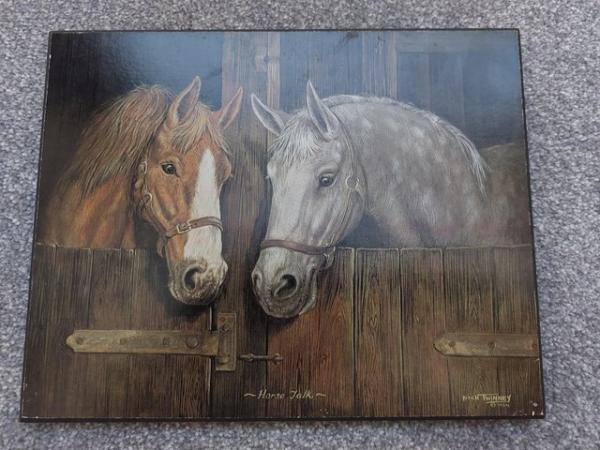Image 1 of Wooden print of picture "Horse Talk" by artist Dick Twinney