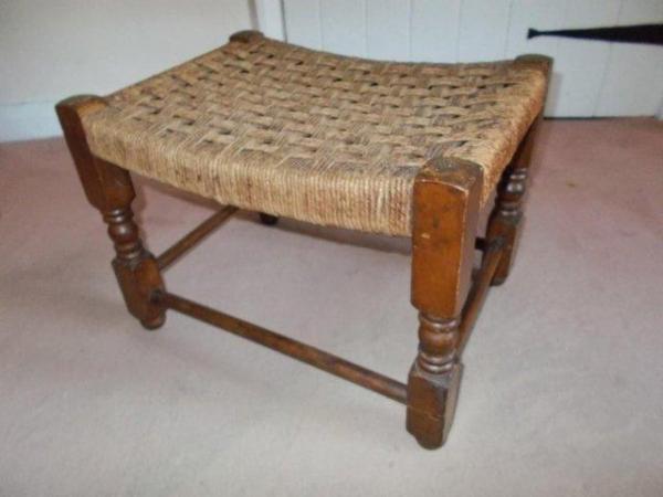 Image 3 of 1900s Arts & Crafts Oak stool footstool & woven seagrass top