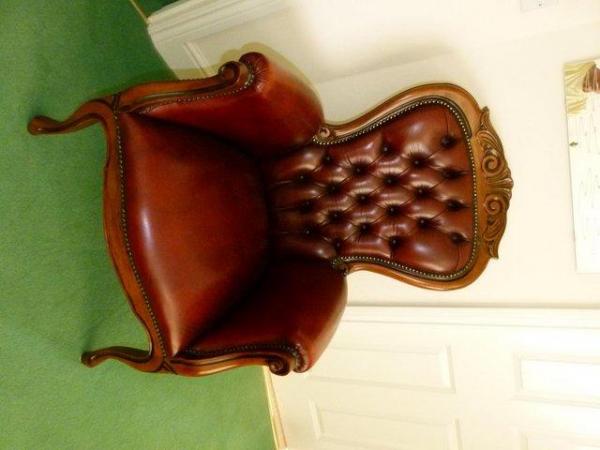 Image 2 of Leather Arm Chair Dark Red Mahagony carve surround