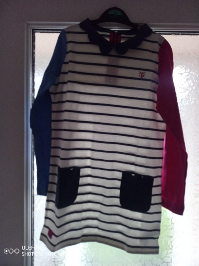 Preview of the first image of Lighthouse Girls Dress, Belle Jersey Blue Stripe age 7/8 yrs.