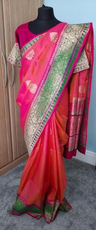 Image 2 of Pink, green and gold embrodiery design banarasi silk saree