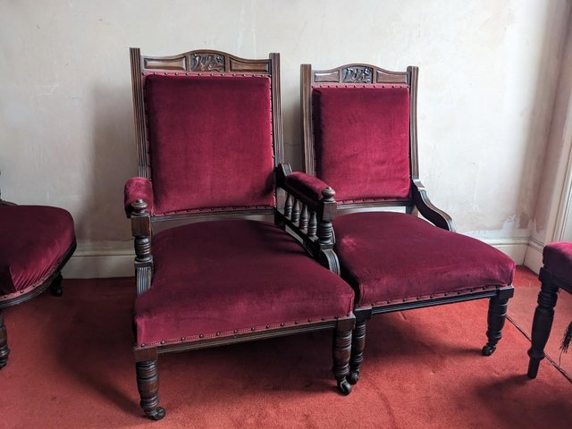 Preview of the first image of Edwardian 7 piece suite chaise longue, armchairs, chairs.