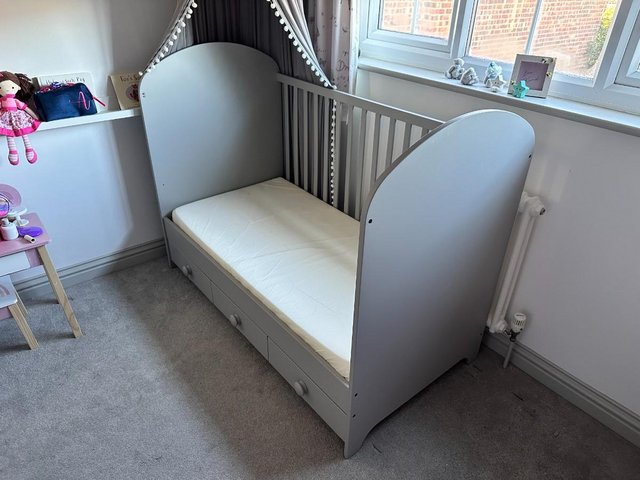 Preview of the first image of IKEA baby cot bed in Grey includes mattress + waterproof.
