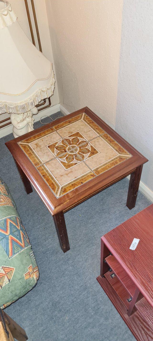 Preview of the first image of Square side table with decorative tiled table top.