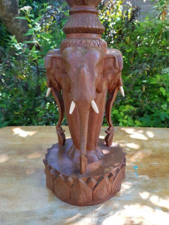 Image 3 of Vintage solid teak carved trio of elephants lamp base