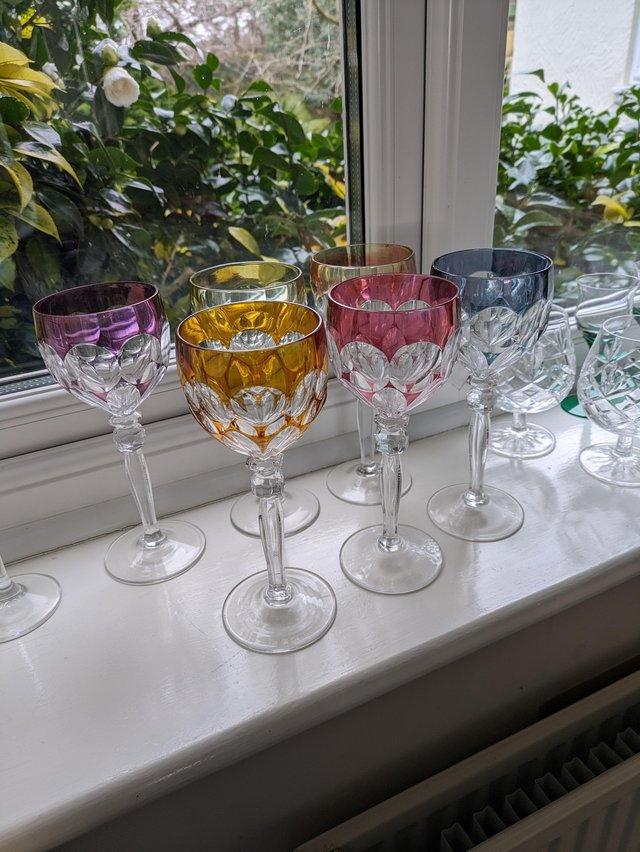Preview of the first image of Marsala/hock glasses, 'flash coloured' Vintage.