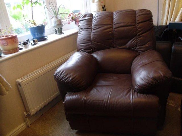 Preview of the first image of leather reclining armchair mid brown.