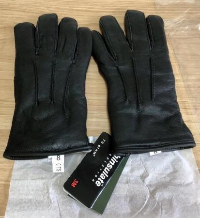Image 1 of NEW men’s warm black leather gloves, size 8. Thinsulate