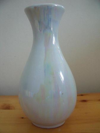 Image 3 of Iridescent ceramic vase with delicate lilac flower design.