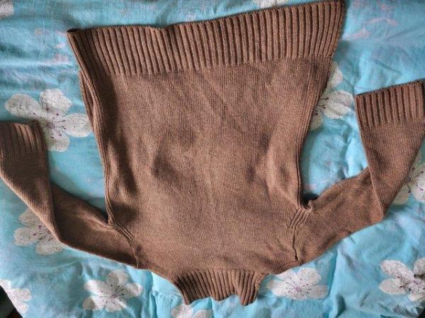Image 3 of Women's Knit Roll Neck Split Jumper Brown Size M/L