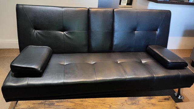 Black Faux Leather Click-Clack Sofa Bed with Cup Holders — Furniture & Homeware in Colchester
