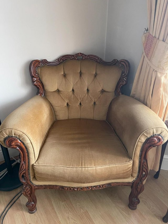 Preview of the first image of Victorian Ornate Carved Wood Beige Regency Sofa.