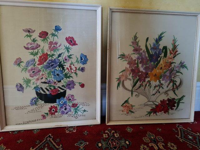 Preview of the first image of 2 vintage needlework embroidered framed pictures.