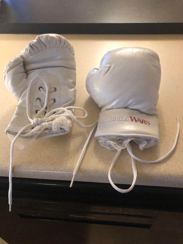 Preview of the first image of Ladies white leather boxing gloves.