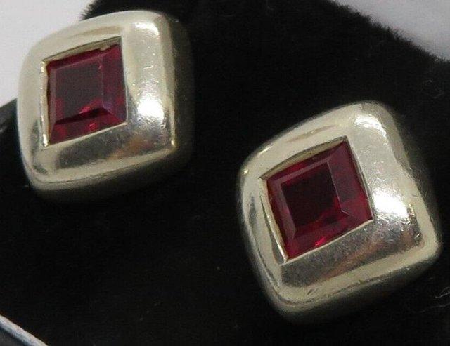 Preview of the first image of Sterling silver garnet vintage Art Decosquare earrings.