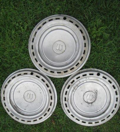 Image 2 of Three Wolseley chrome hub caps, 15" diameter.