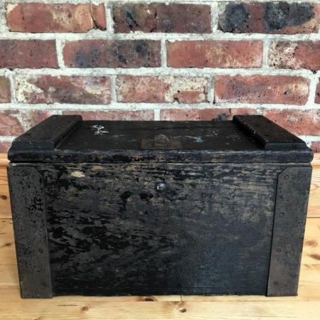 Image 2 of Old heavy handmade black wood tool, storage trunk, chest.