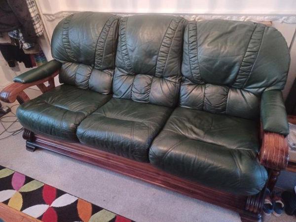 Image 3 of Green Leather Sofa + 2 armchairs