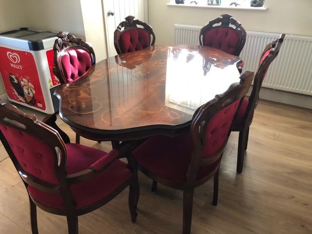 Preview of the first image of Lovely italian inlaid rococo style dining table with 6 chair.