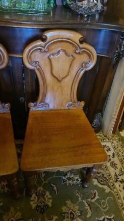 Image 6 of Pair of Antique Victorian Mahogany Wood Hall Chairs Armorial