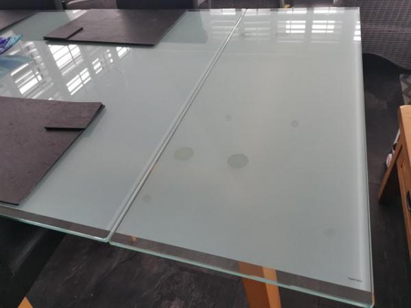 Image 3 of Calligaris blue tempered glass dining table.