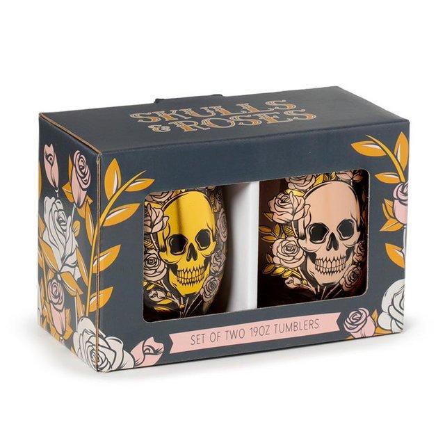 Preview of the first image of Fun Skulls & Roses Glass Tumbler Set of 2.   Free uk Postage.