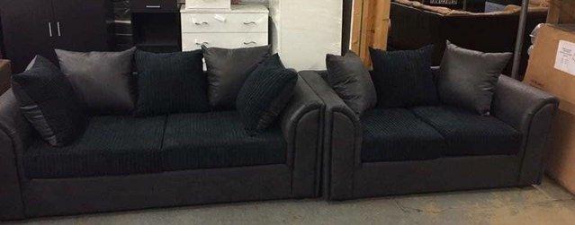 Preview of the first image of Byron 3&2 sofas in black faux suede/black jumbo cord fabric.