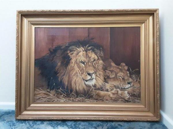 Image 1 of OIL ON CANVAS PAINTING GILT FRAME 1905 SIGN LION & LIONESS