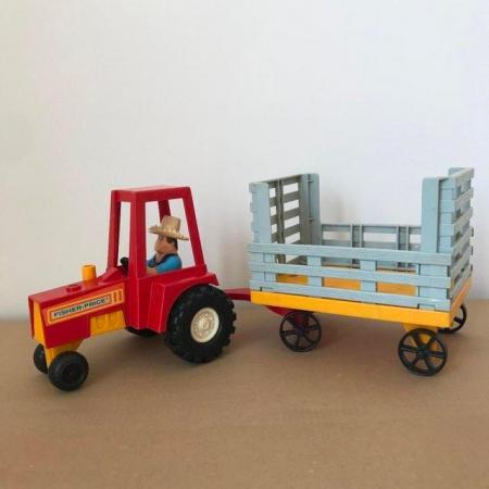 Image 1 of Vintage 1980 Fisher Price Huskey Farmer, Tractor & Trailer.