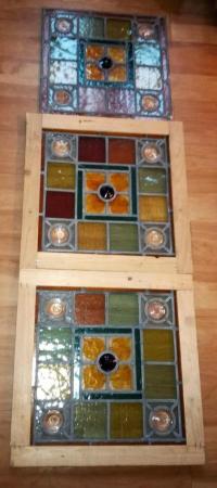 Image 2 of ANTIQUE Bullseye Stained Glass Each Square Panel Blue Amber