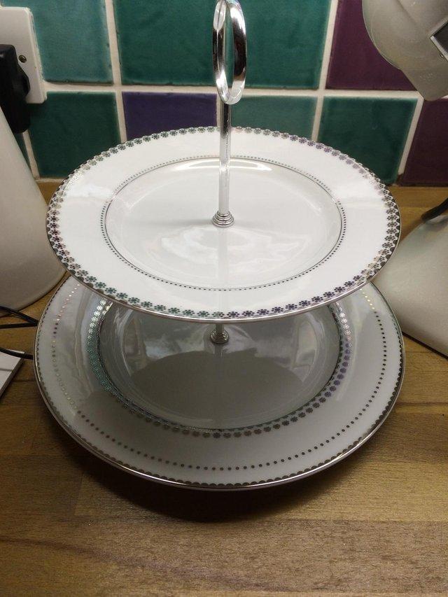 Preview of the first image of Cake stand 2 tier white and silver decoration.