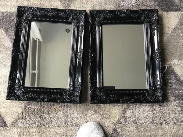 Image 1 of Pair Black lacquered Ornate Mirrors