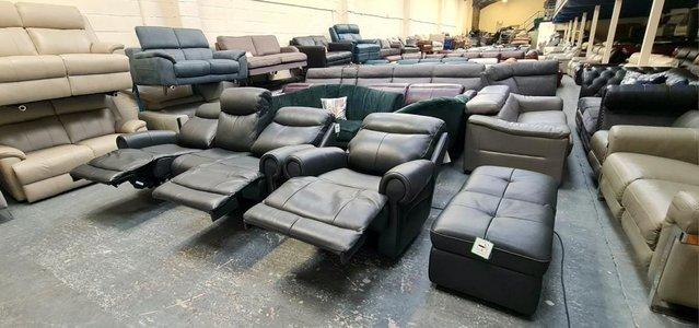 Image 9 of Benton dark grey electric 3 seater sofa, armchair and puffee