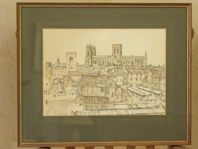 Preview of the first image of Framed print of York Minster scene from original drawing.