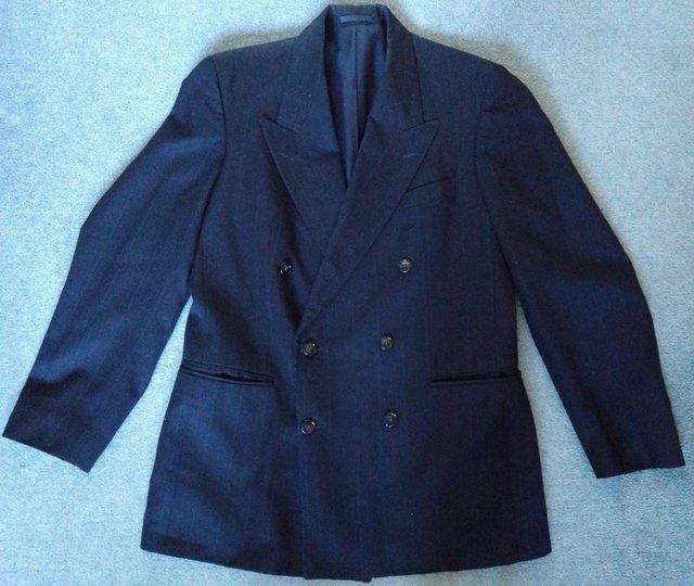 Preview of the first image of Magee tailored navy striped double-breasted suit wool jacket.