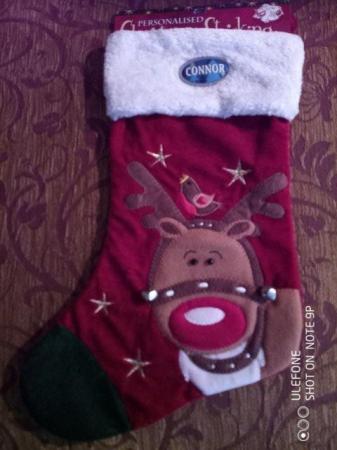 Image 1 of Reindeer Christmas Stocking, can be personalised with Connor