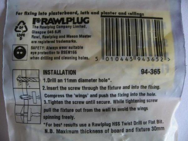 Image 2 of Rawlplug 94-365 Heavyweight Spring Toggle Plasterboard Fixin