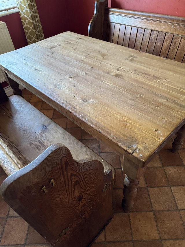 Preview of the first image of Two Original Church Pews and Yorkshire wood table.