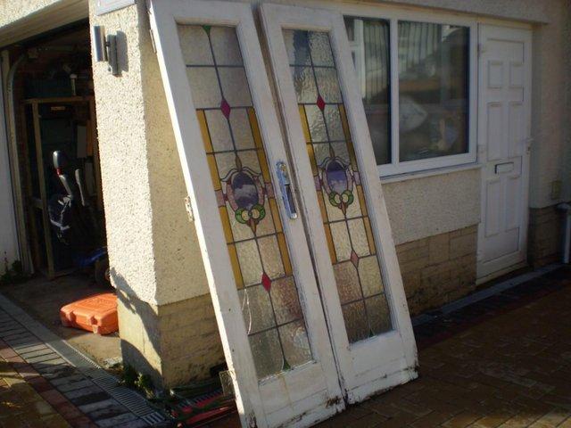 Preview of the first image of LEADED LIGHT COLOURED GLASS HOME FRONT DOUBLE DOORS..