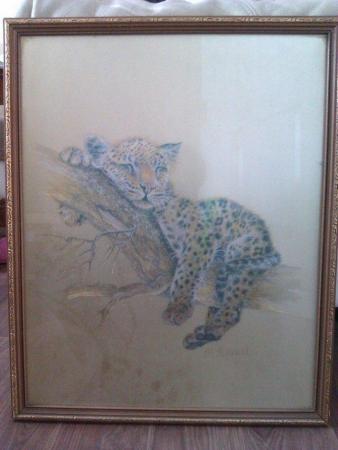 Image 1 of 2 x Framed Art Etching leopard Cub lions by M. Fennell Vinta