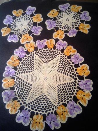 Image 1 of SET OF 3 VINTAGE PURPLE PANSY DESIGN CROCHETED DOILIES
