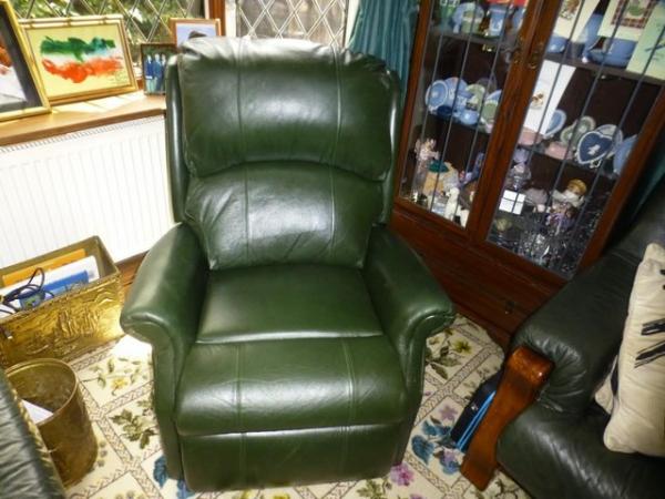 Image 1 of Riser/recliner chair in antique green leather. Perfect condi