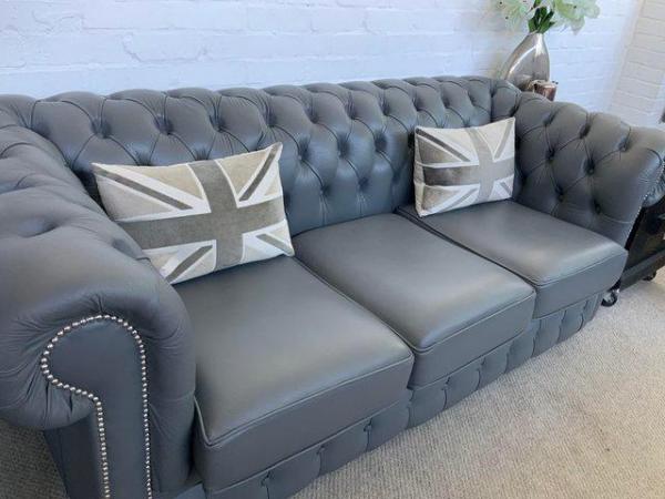 Image 7 of Grey Chesterfield sofa. Armchair & footstool available.