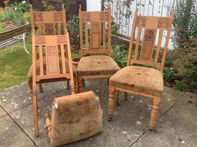 Preview of the first image of 4 1920’s upholstered dining chairs in need of restoration.